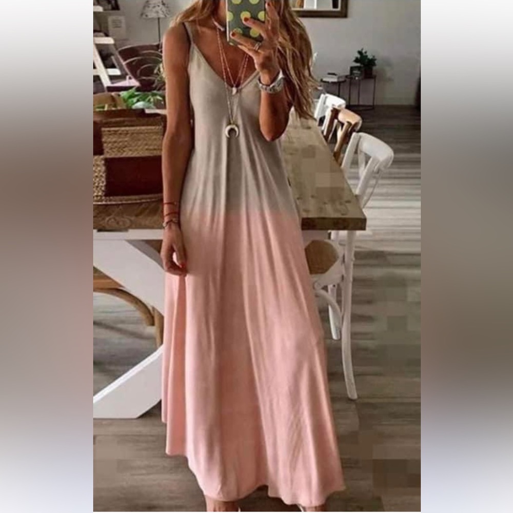 Bohemian Maxi Spaghetti Strap Dress Ombré Gray Pink Size L NWT